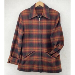 ISDA & CO Jacket L Boiled Wool Blend Tartan Plaid Coat Full Zip Brown VTG
